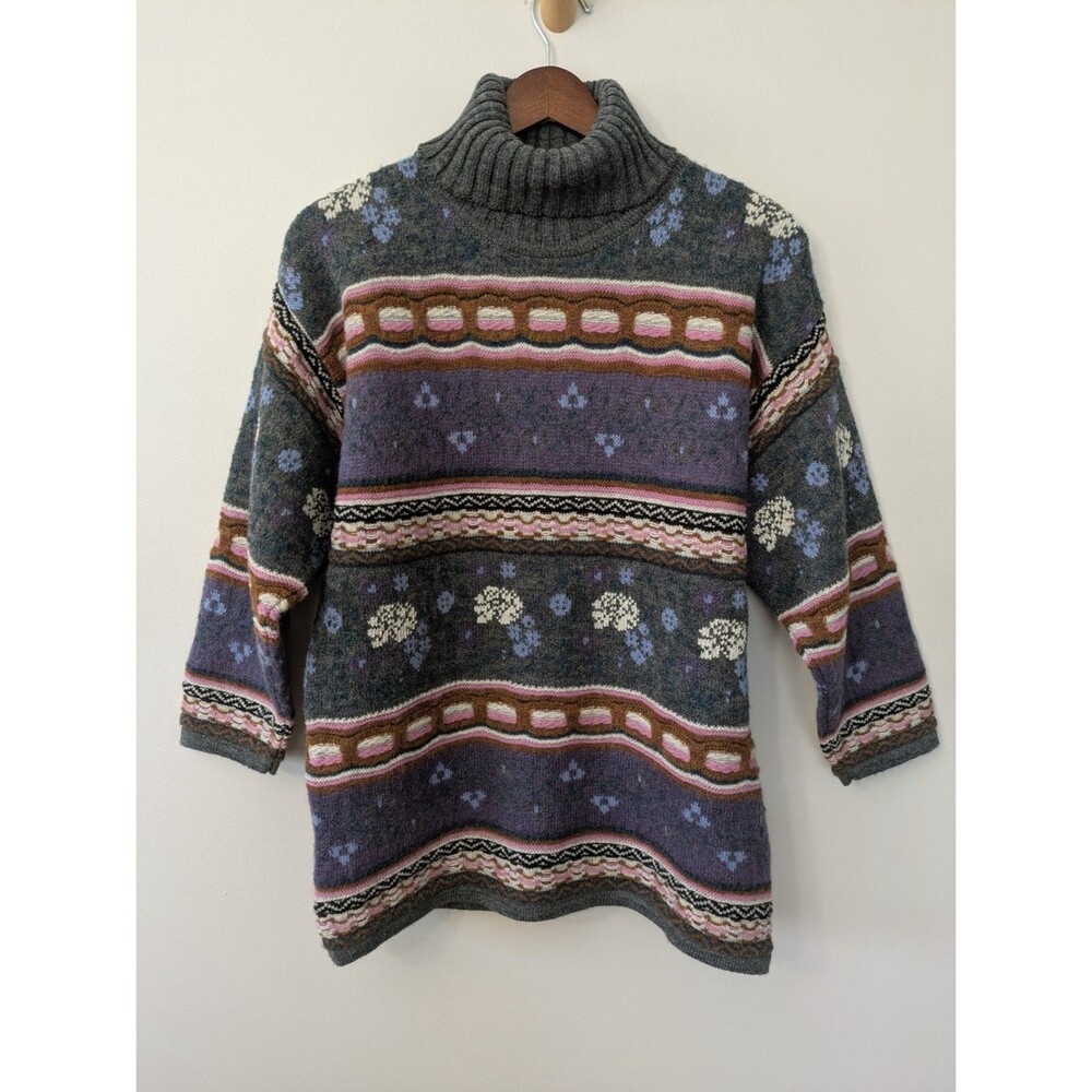 Vtg Via Spina Wool Tunic Sweater Turtleneck 3/4 Sleeve 3D Knit Cottage Italy M